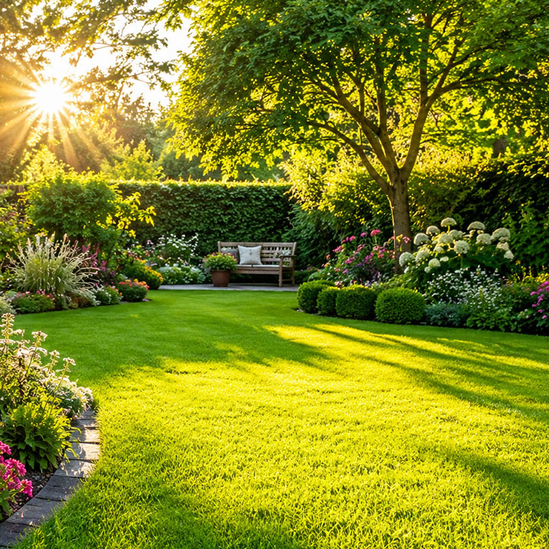 Ein sonnengefluteter Garten als Symbol für einen starken Gartenboden im verändernden Klima