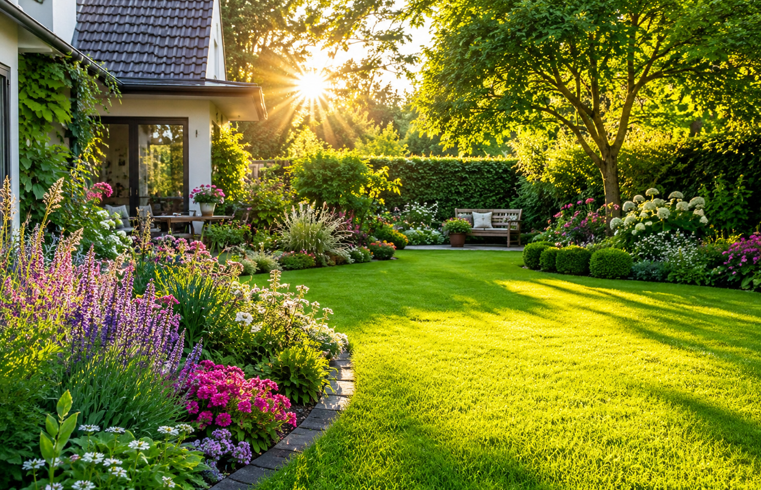 Schöner Hausgarten in der Sonne